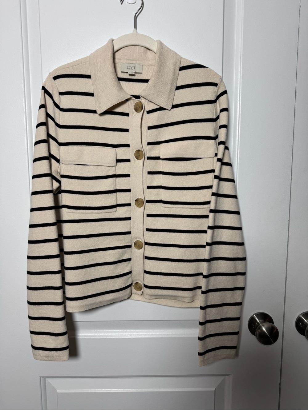 Loft Outlet Striped Collared Sweater Jacket Cardigan Cream Black Women’s Large